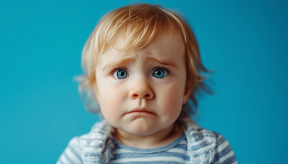 Unhappy and dissatisfied toddler baby isolated on a blue studio background