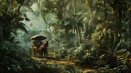 Horse-Drawn Carriage Traveling Through a Lush Jungle