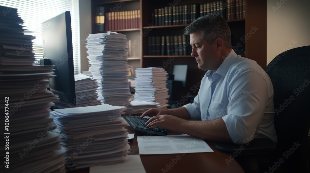 Poster a man diligently types at a computer in a well-organized office filled with stacks of documents and 