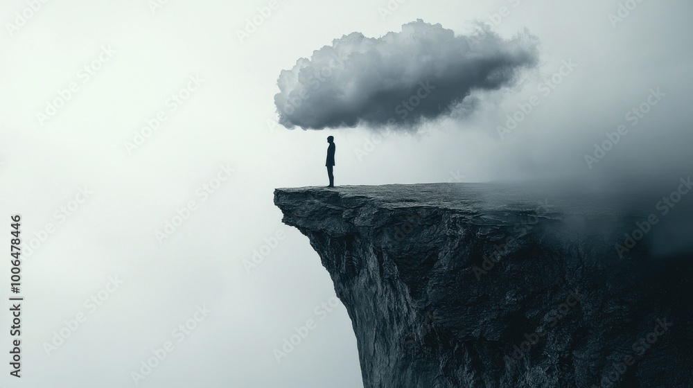 Aufkleber fear of risk: a figure standing on a cliff edge, afraid to jump as abstract clouds of thoughts hold 