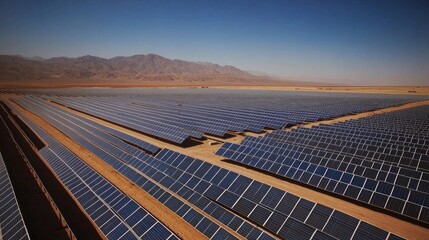 extensive solar farm situated in a vast desert landscape. The image showcases rows upon rows of solar panels stretching across the arid terrain, capturing the abundant sunlight to generate renewable 