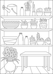 plant bookshelf minimal style coloring book page