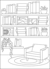 comfy bookshelf minimal style coloring book page
