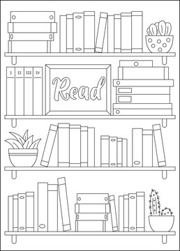 encyclopedia bookshelf minimal style coloring book page