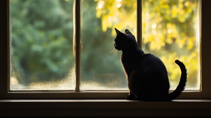 Black cat sitting on window sill looking out window