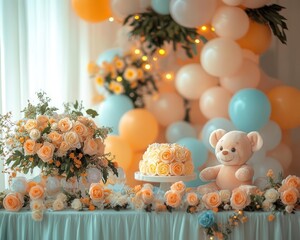 Baby shower setup with pastel decorations, soft lighting, vibrant colors, cozy atmosphere, warm tones, photo-realistic