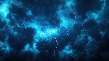 Fototapeta premium Dramatic stormy clouds illuminated by electric blue lightning in a dark sky.