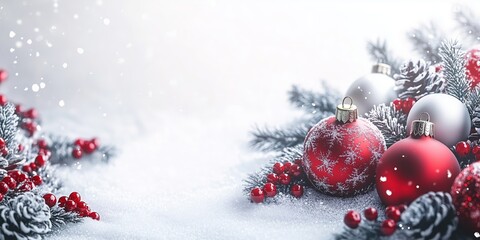 Christmas Baubles On Snow With Fir Branches 
