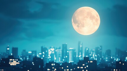 A breathtaking view of a full moon illuminating a vibrant urban skyline at night, creating a serene and magical atmosphere perfect for city lovers.