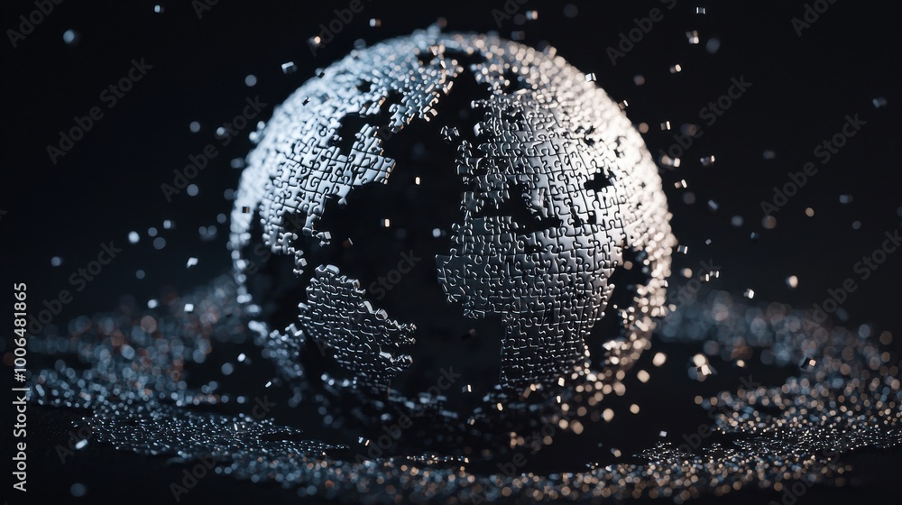 Poster fragmenting world with missing puzzle pieces: a globe made of interconnected puzzle pieces, but many