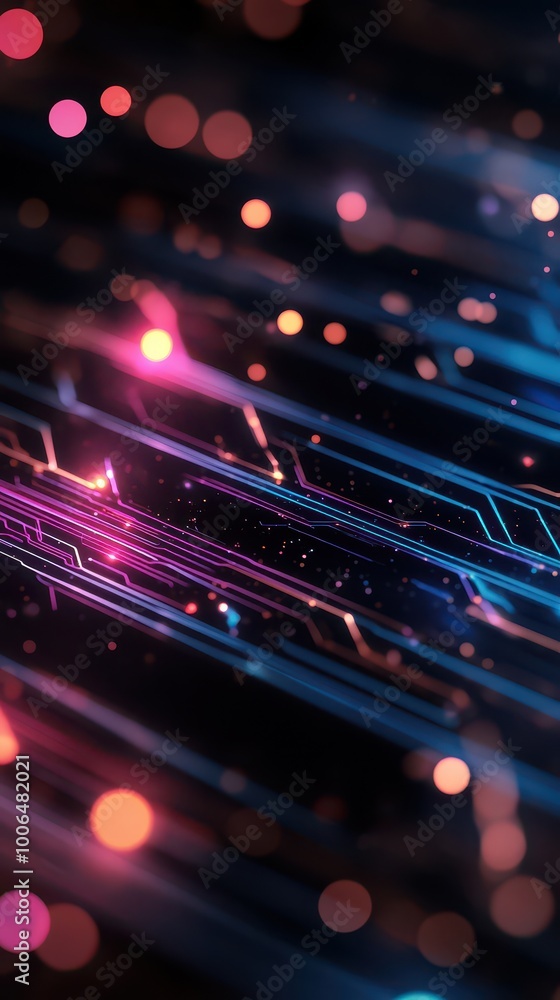 Poster futuristic digital background with vibrant neon lights and abstract patterns.