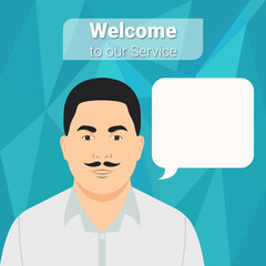 Business welcome vector illustration – male portrait with welcome to our service text and speech bubble