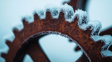 Frozen Gears of Trade: A collection of frozen, rusting gears that represent the machinery of global trade