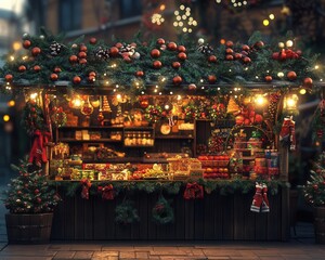Christmas market stall with vibrant holiday decor, soft lighting, cozy atmosphere, festive spirit, photo-realistic
