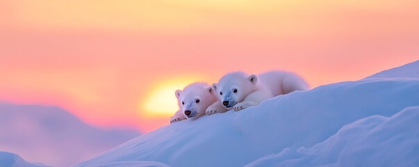 Two polar bear cubs relaxing on snow at sunset