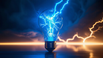 Blue light bulb and lighting strike, bright static electricity energy and power. 