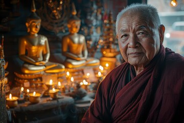Naklejka premium Elderly Monk Gazing Forward in a Temple Setting