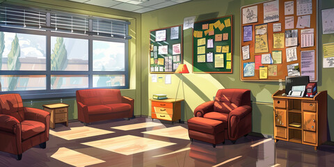 College Counselor's Office Wall: Covered in college admission guides, scholarship information, and a board with college application deadlines.