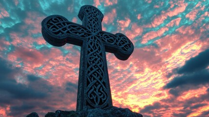 Detailed image of a Celtic cross against a vibrant sky, clouds parting to reveal the cross's intricate designs