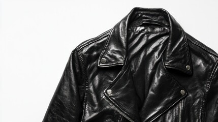 A classic black leather men's jacket, isolated on a clean white background, ideal for showcasing timeless rugged style