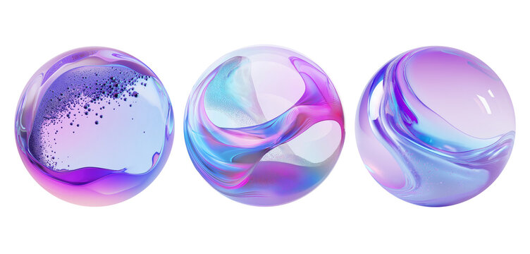 Three abstract gradient spheres with fluid design transparent image. Purple and blue hues orbs isolated cutouts 3d render. Iridescent glossy balls cut out cliparts design elements png