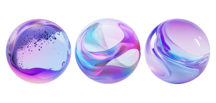 Three abstract gradient spheres with fluid design transparent image. Purple and blue hues orbs isolated cutouts 3d render. Iridescent glossy balls cut out cliparts design elements png