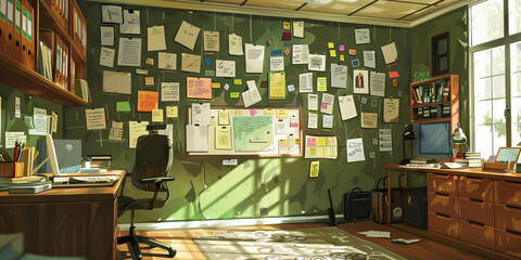 College Counselor's Office Wall: Covered in college admission guides, scholarship information, and a board with college application deadlines.