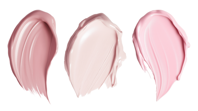 Three smears of cosmetic cream in various soft pink shades transparent image. Beauty product samples isolated cutouts 3d render. Brushstrokes cut out cliparts design elements png