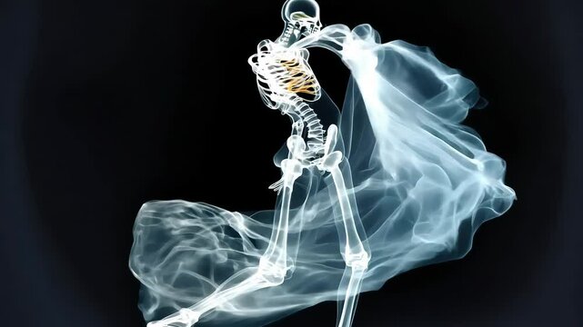 X-ray Skeleton Dancing in Flowing Fabric Animation on Black Background