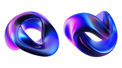 Twisting iridescent loops with metallic finish transparent image. Abstract vibrant hues of blue pink curves isolated cutouts 3d render. Fluids set cut out cliparts design elements png