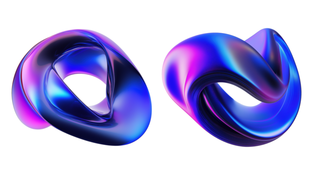 Twisting iridescent loops with metallic finish transparent image. Abstract vibrant hues of blue pink curves isolated cutouts 3d render. Fluids set cut out cliparts design elements png
