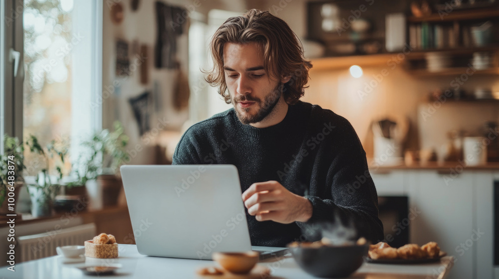 Poster a man is sitting at a table with a laptop in front of him