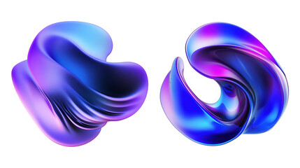Sculptural fluid forms with glossy finish transparent image. Twisting shapes in vibrant blue purple gradients isolated cutouts 3d render. Movements cut out cliparts design elements png