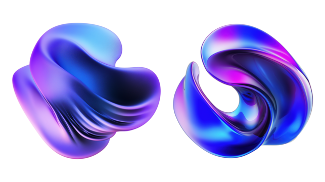 Sculptural fluid forms with glossy finish transparent image. Twisting shapes in vibrant blue purple gradients isolated cutouts 3d render. Movements cut out cliparts design elements png