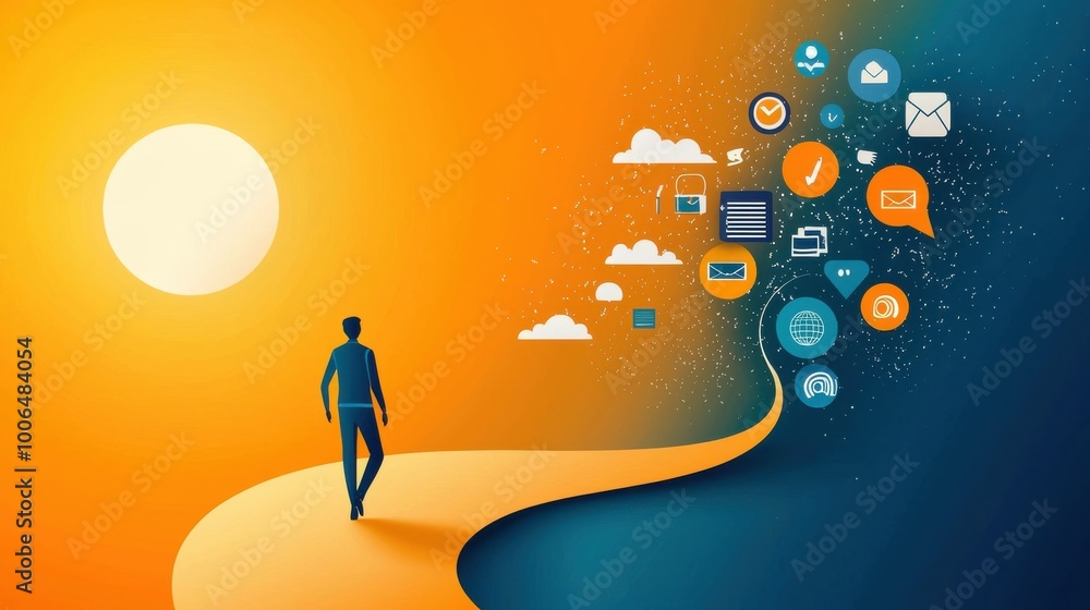 Poster going out to find success: a figure walking on a winding path with determination, surrounded by symb