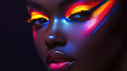 Fototapeta premium Creative makeup looks with vibrant neon colors, dynamic lighting, sharp focus, futuristic feel, high fashion atmosphere