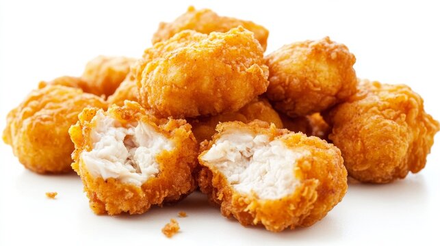 Pile of chicken nuggets showing white meat on white background