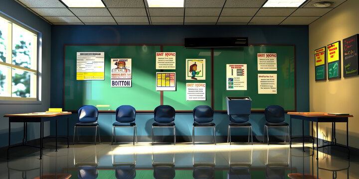 Student Government Advisor's Wall: Adorned with student council election posters, meeting agendas, and a board with student government projects