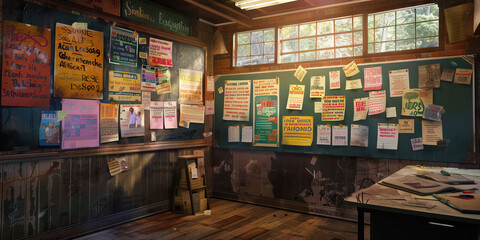 Student Government Advisor's Wall: Adorned with student council election posters, meeting agendas, and a board with student government projects