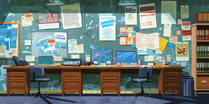 Student Government Advisor's Wall: Adorned with student council election posters, meeting agendas, and a board with student government projects