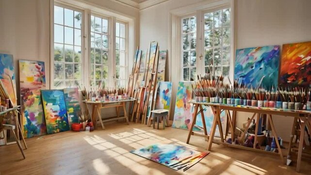A bright art studio filled with colorful paintings and brushes, showcasing creativity and inspiration.