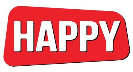 HAPPY text on red trapeze stamp sign.