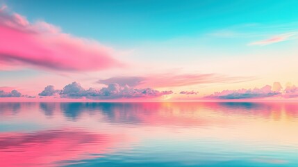 Fototapeta premium A breathtaking view of a tranquil sunset over calm ocean waters. Soft pastel hues blend in the sky, reflecting on the still surface, creating a serene atmosphere.