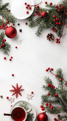 Christmas border with Christmas table decoration with traditional dish pine branches, snow, and red berries on a white background