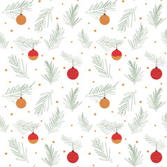 Seamless Christmas pattern. Tree branches with Christmas balls. Seamless Christmas pattern with hand drawn decoration elements. Perfect for wrapping paper, greeting cards, invitations, etc. EPS10