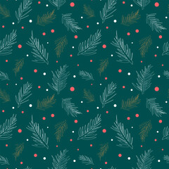 Christmas background with spruce branches, berries and Snow. Vector Christmas seamless pattern. EPS10