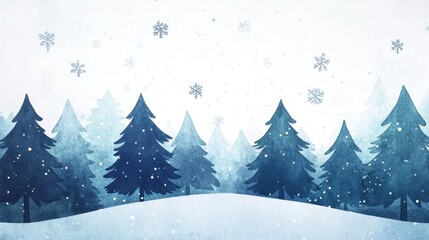 Obraz premium Watercolor winter forest scene with snow-covered trees and peaceful snowfall.