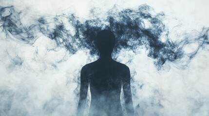 Fototapeta premium Man silhouette emerging from swirling smoky ink with dark, ethereal tones.