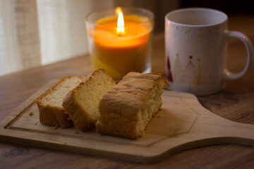 cake with lemon tea. Autumn evening.