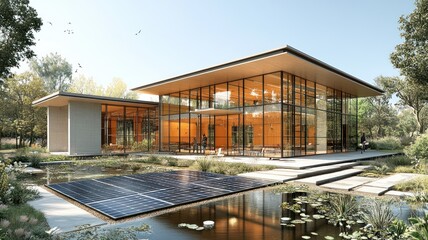 Modern glass house surrounded by nature and solar panels.